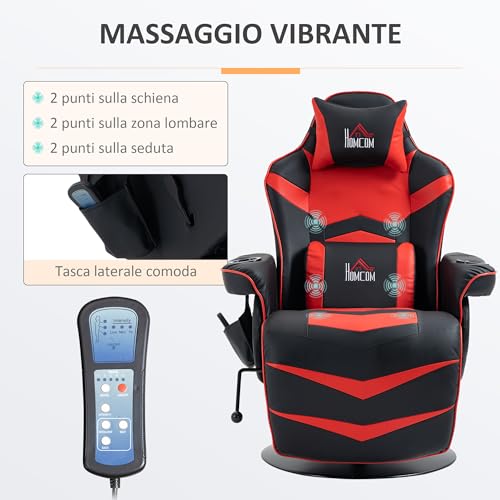 Sedia da Gaming Massaggiante e Reclinabile con Poggiapiedi, Portabicchieri e Cuscino, Sedia Ergonomica in Finta Pelle, Acciaio, 79.5x82.5x111.5 cm, Nero e Rosso - Sedia gaming - Immagine 3