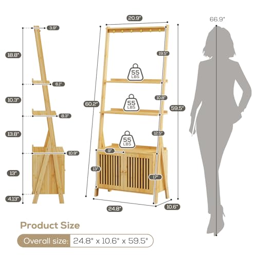 Image of Bookcase with Drawers, 4-Tier Bamboo Bookshelf Ladder Shelf with 6 Hooks, Tall Narrow Book Shelf, 24.8 inchL x 10.6 inchW x 59.5 inchH, Standing Storage Organizer for Living Room, Home Office, Bedroom, Bathroom