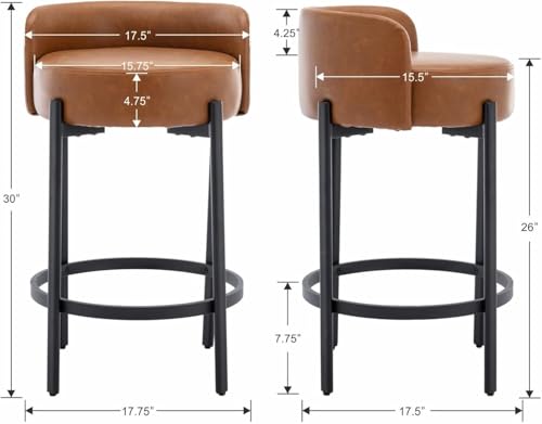 Ya-Home Moderno Set de 2 Butacos de Bar de 26 Pulgadas, Asiento Redondo Tapizado en Cuero PU Marrón con Patas de Metal Negro para Cocina o Comedor miniatura 2