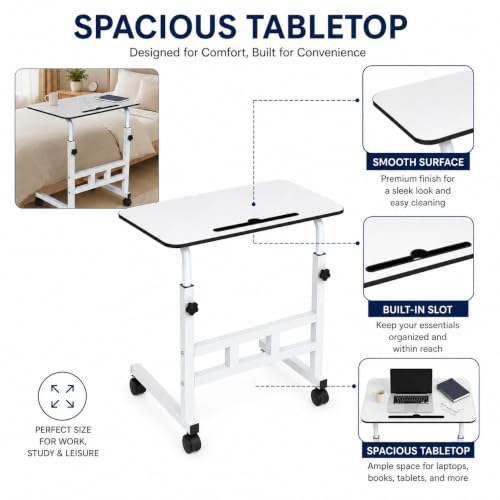 Image of amazon basics Adjustable Sofa Side Table with Wheels, 26-34 Inch, White | Portable Bedside Table with Wheels