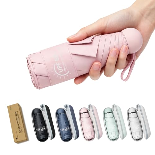 SY COMPACT Mini Travel Umbrella UPF 50+ Rain & UV Sun Protection Small Windproof & Lightweight Portable Umbrella with Zipper Case Fits in Purse Travel Essential for Men Women (Pink)
