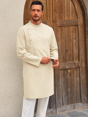 Image of Runcati Mens Kaftan Thobe Robe Long Sleeve Cotton Henley Shirt Casual Muslim Gown Salwar Kurta