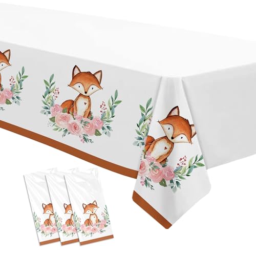 FVABO Fox Birthday Party Supplies Tablecloth, 3pcs Disposable Woodland Creatures Forest Animal Fox Party Decorations Table Cover for Birthday Baby Shower, 86in x 55in