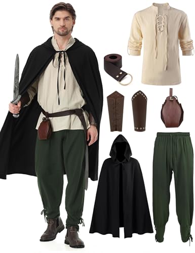 Dzorim Costume Médiéval de la Renaissance pour Homme 7Pcs Costume de Viking Pirate Chemise à Lacets Pantalon avec Ceinture Protège-Poignets et Autres...