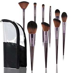 Makeup Brush Set 9Pcs, Premium Synthetic Foundation Brush Eyeshadow Loose Powder Concealer Brushes for Liquid, Girl’s Make up Brushes Kit with Black Transparent Leather Bag Case Cover for Travel