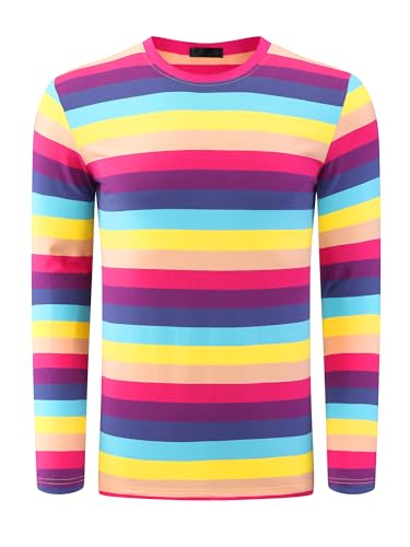 Lars Amadeus Rainbow Striped T-Shirt for Men's Crew Neck Long Sleeves Casual Pullover Tee Shirts