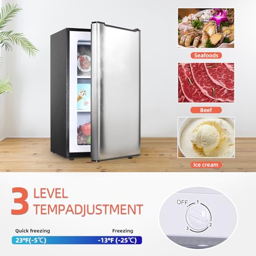 Upright Freezer with Reversible Single Door, 3.5 Cubic Feet Stainless Steel Compact Freezer, Silver Adjustable Thermostat Removable Shelves Mini Freezer, Applicable to Home, Kitchen, Office - Thumbnail 5