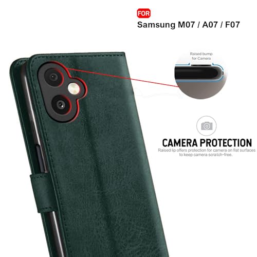 Image of TheGiftKart Flip Cover Back Case for Samsung Galaxy M07 / F07 | Genuine Leather Finish | Designer Button | Inbuilt Pockets & Stand | Wallet Style Flip Back Cover Case (Faux Leather, Green)
