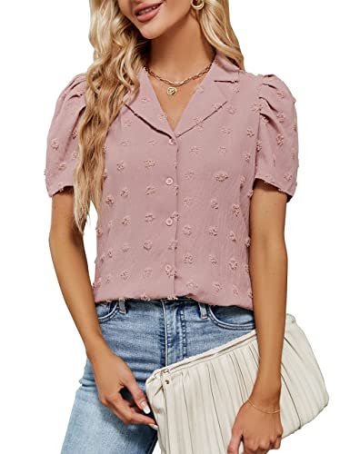 Blooming Jelly Womens Business Casual Blouses V Neck Collared Button Down Shirt Chiffon Puff Sleeve 2023 Ladies Work Tops (Medium, 2Pink_Collared) #TOP25