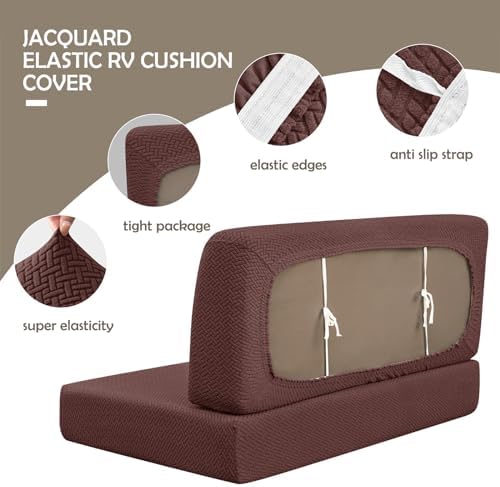 Stretchable RV Dinette Cushion Covers, Anti-Slip Sofa Bed Slipcover with Straps, Beige RV Couch and Seat Covers for Loveseat and Camper Furniture