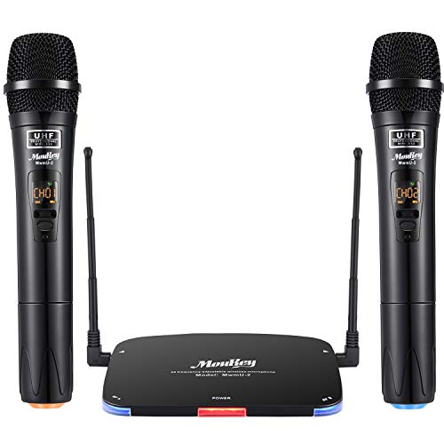 Moukey Wireless Microphone, UHF Karaoke Microphone with 2 Mics, Dynamic Handheld Cordless Microphone, Rechargeable, 262ft Range, Microphones for Singing Voice Amplifier PA System Karaoke DJ Church.