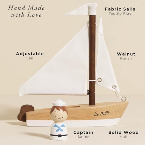 Le Toy Van Segelboot & Kapitän aus Holz, befeuern Sie die Fantasie mit Textilsegeln, Kinderspielzeug, geeignet für Kinder ab 3 Jahren, Weiß