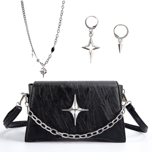 Shoulder Bag for Women, Y2k Purse Matching Silver Star Pattern with Rave Earrings, Y2K Star Necklace Accessories Set, Vegan Leather Hobo Handbags, Gothic Grunge Punk Style for Women