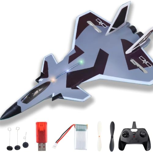 Amersis Remote Control Plane RTF J-20 Fire Fang 2.4Ghz 6-axis Gyro RC Airplane with Light Strip, Jet Fighter Toy Gift for Kids Beginner (Stealth Gray)