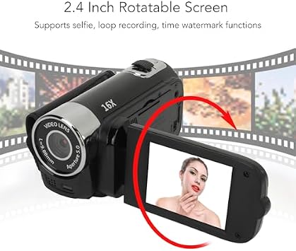 1080PDigital Camera, 16MP Camcorder with 2.4 Inch Rotatable Screen, 16X Zoom HD Video Recorder with Fill Light, Video Camera Built in Battery (Black)