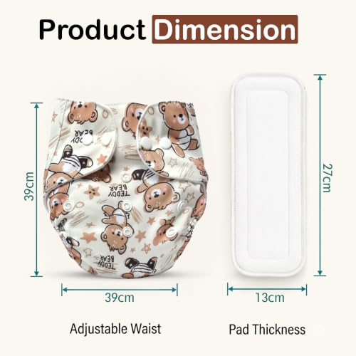 Image of GLUN Printed Reusable Baby Cloth Diaper Pack of 2, Multicolour Colour Cute Teddy Print, Comfort & Protection, Leakproof & High Absorption