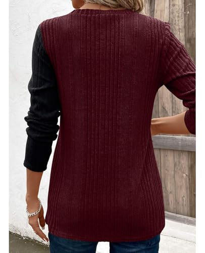 BAISHENGGT Tunic Tops for Women Dressy Casual Color Contrast Long Sleeve Blouse Crew Neck Streetwear T Shirts4