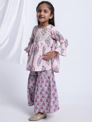 Image of superminis Girls Cotton Floral Printed Gotta Work Full Sleeves Kurti and Matching Sharara Ethnic Wear Set