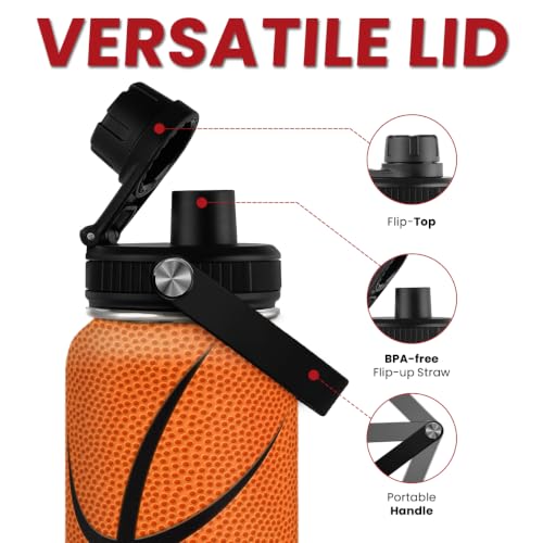 Image of SANDJEST Basketball Water Bottle 32oz Stainless Steel Insulated Bottles for Men Women Sports Lovers Fan Players Coach - Basketball Gifts for Birthday Christmas