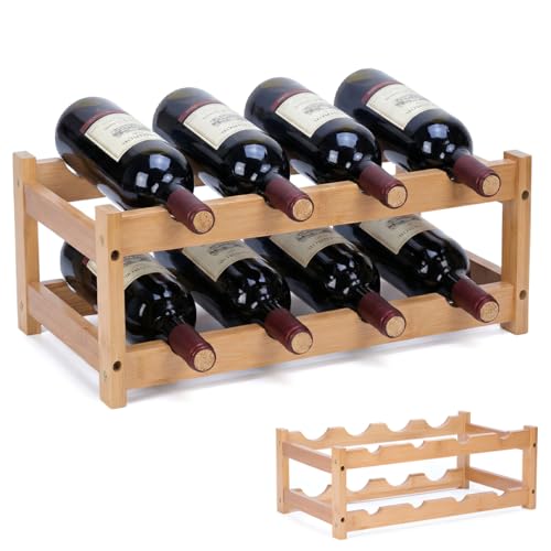 ASOUUNLD Casier à Vin Range Bouteilles Horizontal, 2 Etages pour 8 Bouteilles en Bambou Range Bouteille Vin Etagere Rangement Bouteille de Vin Étagère à Vin en...