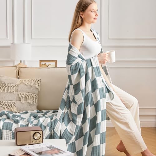 Image of EMME Cooling Muslin Twin Blanket - Checkered Lightweight Summer Cotton Blankets of Rayon Derived from Bamboo for Hot Sleepers, Ultra Soft Breathable All Season Gauze