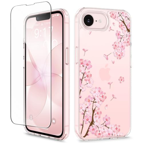 GVIEWIN for iPhone 17e Case & iPhone 16e Case with Screen Protector [Non-Yellowing][Military-Grade Protection] Hard PC&TPU Bumper Floral Shockproof Protective Clear Phone Case (Sakura/Pink)