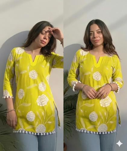 Image of SAICHA Women's Cotton Printed Short Kurti with Pom Pom, Red Floral Pattern