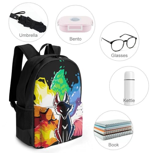 Polyester Daypack for Camping Travel Walking Cycling - Big Capacity Anti-Theft Multipurpose Bookbag, Elemental Fox Kitsune Colorful Lighting Art Camping Outdoor Backpack4
