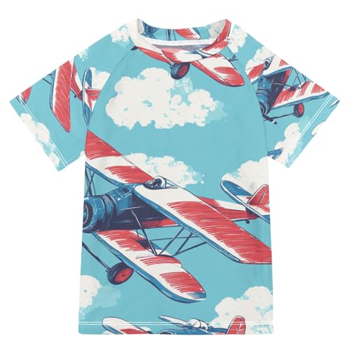 Jucciaco Boys Swimsuit Airplane Helicopter Sky Blue Sunscreen Kids Sun Rashguard Short Sleeve T-Shirts Swimwear Sets UPF 50+