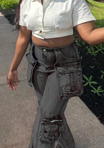 Baggy Jeans Women High Stretch Zipper Slit Striaght Leg Cargo Pants4