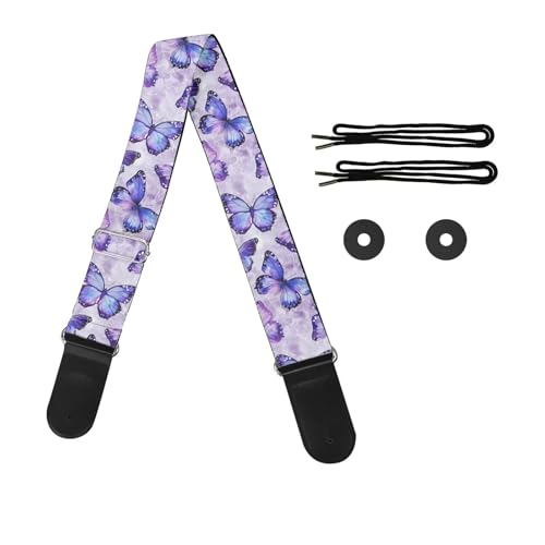 Snilety Purple Butterfly Guitar Straps Acoustic for Women Electric Guitar Strap with Leather Ends and Metal Buckle Adjustable Shoudler Strap Bass Accessories