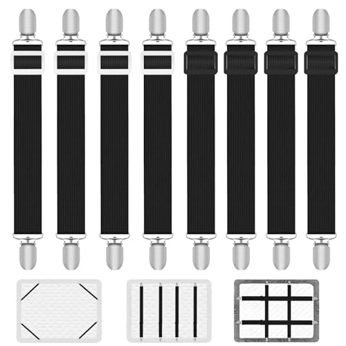 Cisyia 8 tensores ajustables para sábanas bajeras con clips de metal, tensor de sábana antideslizamiento, correas tensoras para colchón, sofá, tabla de planchar (negro)