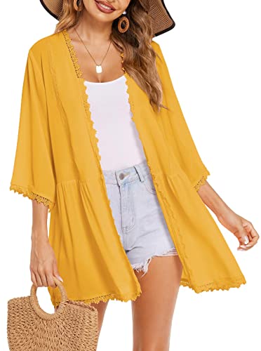 ELESOL Kimono Cardigan for Women Open Front Lightweight 3 4 Sleeve Summer Chiffon Beach Cover Up Tops Caramel,L