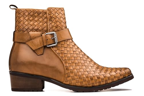 CALTO Men's Invisible Height Increasing Elevator Shoes - Light Brown Premium Leather Woven Ankle Buckle Zipper Boots - 3.3 Inches Taller - K30524 - Size 9 D(M) US2