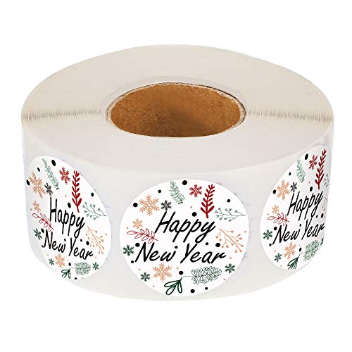 1000 Pieces Happy New Year Floral Stickers Waterproof New Year Labels for Party Favors, Goodie Bag Fillers, Holiday Decorations