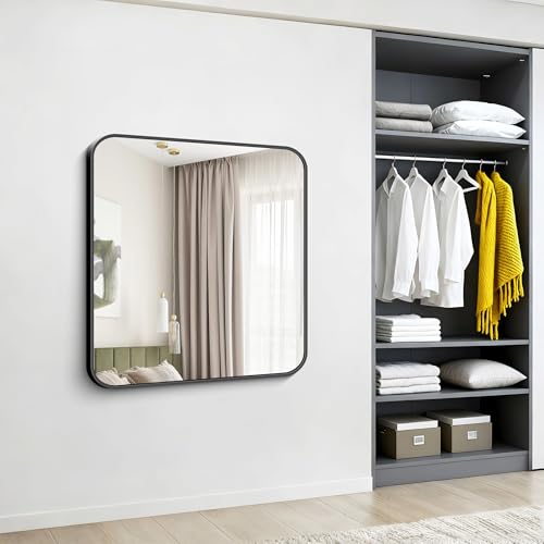 Image of Black Bathroom Mirror, 38x40 inch Aluminum Metal Frame Rectangular Vanity Mirror, Large Wall Mounted Rectangle Mirrors with Rounded Corner for Over Sink Bedroom Living Room Horizontal /Vertical