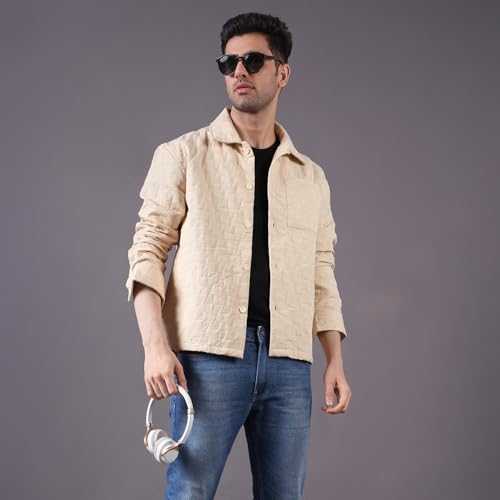 Image of Urban Scottish Men's Oversized Shacket, Cotton Jacquard, Long Sleeve Button Down Collared Shirt Jacket for Mens - Long Fit, Textured Fabric, Stylish Casual Outerwear