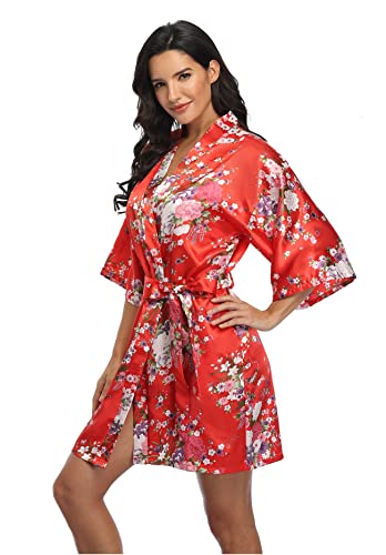 Super Shopping-zone Women's Floral Silk Robe - Short Satin Bridesmaid Kimono Sleepwear for Bridal Party
