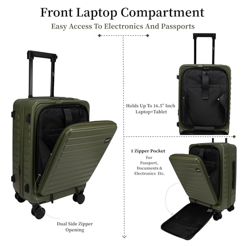 Image of F Gear Sedona Small Cabin Pro 54cm German Polycarbonate Hard Luggage|8 Japanese Hinomoto Silent Wheels| USB & Type-C Charging, Phone Stand & Cup Holder | Front Opening Suitcase for travel (army Green)