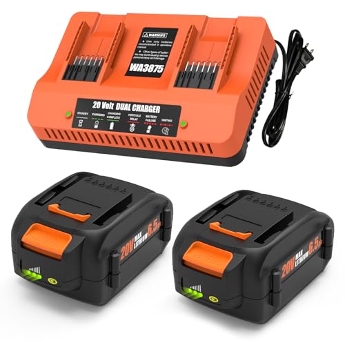 BECDXPal 2 Pack 6500mAh Replacement for Worx 20V Battery and Charger Kit for WA3525 WA3520 WA3575 Compatible Worx Battery 20V and 40V (2X20V) Cordless Tools