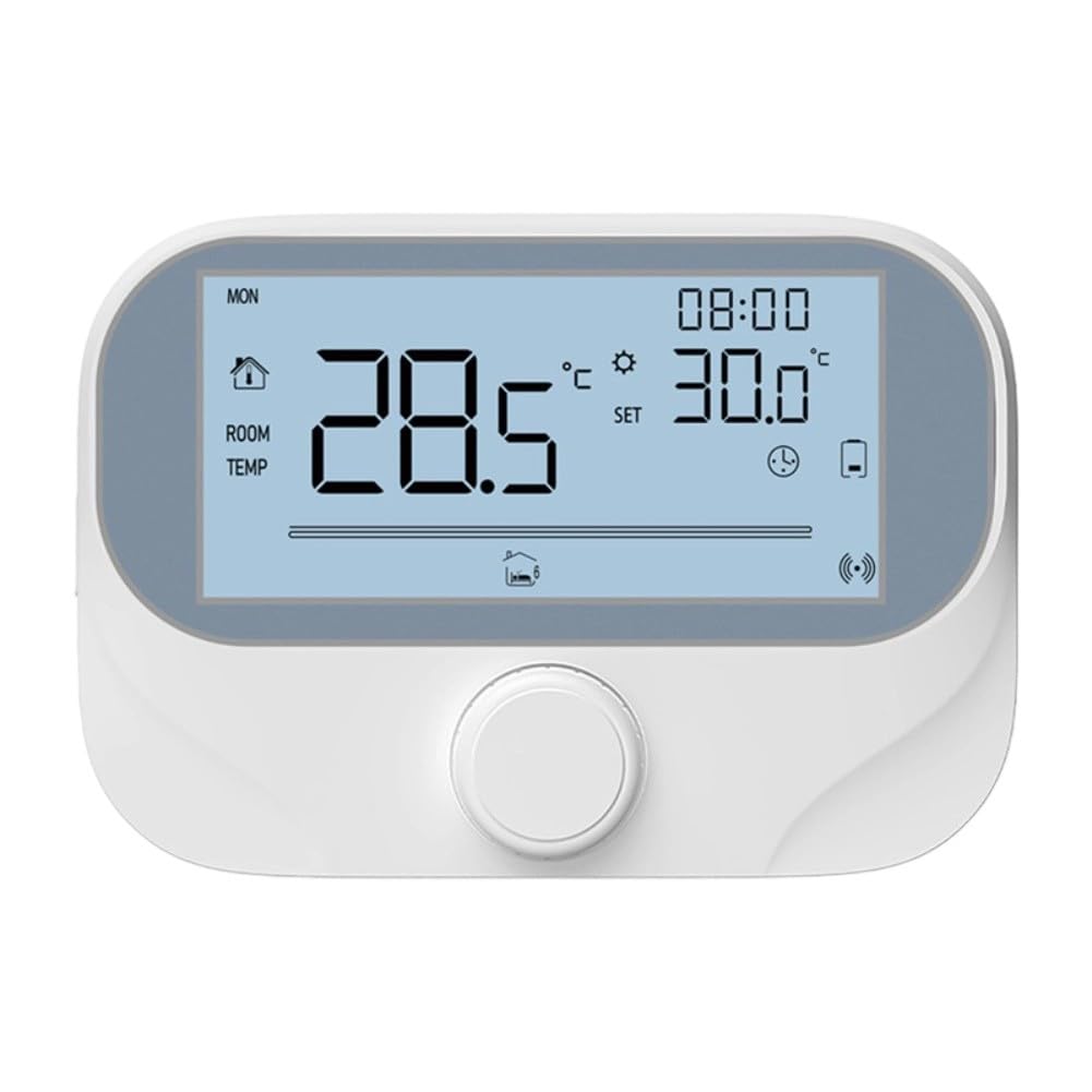 Bezprzewodowy programowalny termostat bojlera RF do aplikacji Tuya Smart, 118 x 86 x 24 mm, biały termostat z pokrętłem obrotowym, wyświetlaczem pogody i wilgotności, funkcja zapobiegania zamarzaniu