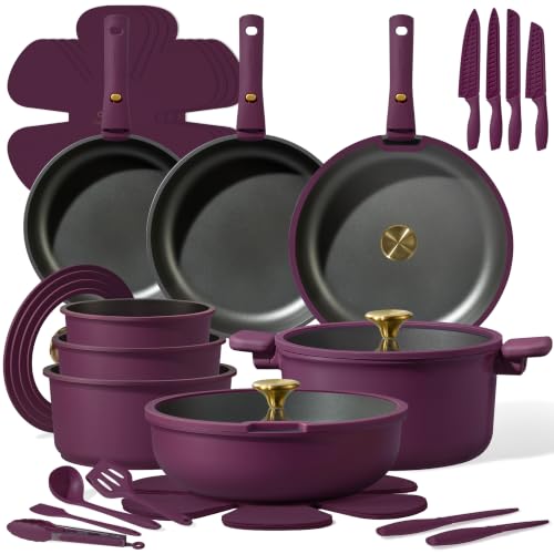 CAROTE 38pcs Pots and Pans Set with Knife Detachable Handle Cookware