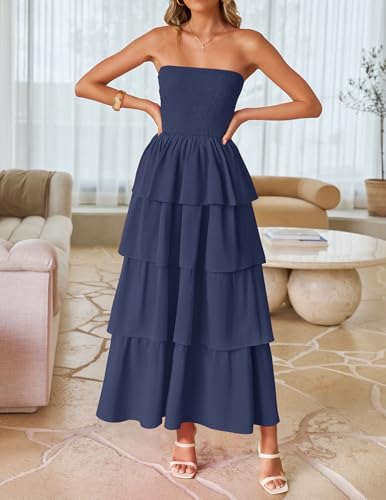Image of ZESICA Women's Summer Boho Strapless Maxi Dress 2026 Casual Sleeveless Off Shoulder Smocked Tiered Beach Long Sundress