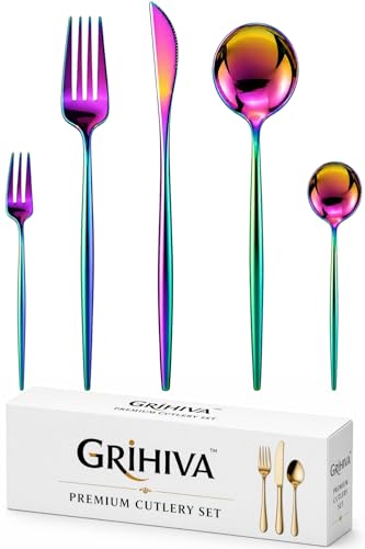 Image of 5 Pcs Rainbow Cutlery Set for Dining Table the Perfect Lightweight Silim Handle Tableware Including Dinner Spoon, Dinner Fork, Dinner Knife, Dessert Spoon & Dessert Fork