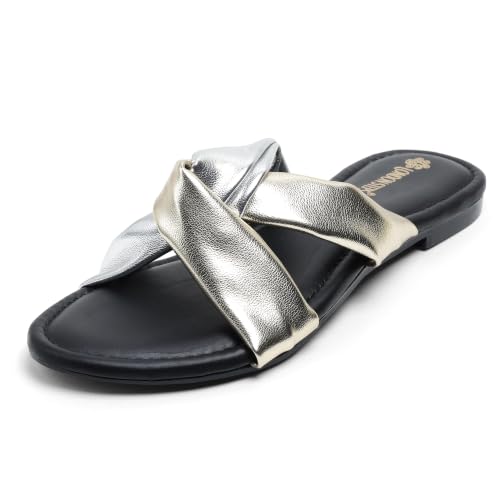 Image of Women's Cross Strap Slide Sandals | Soft Cushioned Flat Slip-On Slippers | Lightweight Anti-Skid Casual Comfort Sandals for Everyday Wear