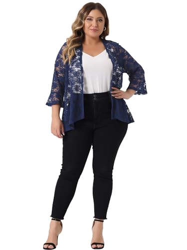 Image of Agnes Orinda Women Plus Size Open Front Lace Cardigans | 3 /4 Bell Sleeve Sheer Formal Bolero Shrugs Lightweight Floral Crochet Cover Up