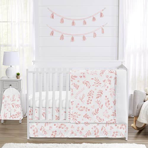 Image of Sweet Jojo Designs Blush Pink and White Floral Leaf Baby Girl Nursery Crib Bedding Set Boho Chic Bohemian Watercolor Botanical Flower Woodland Tropical Garden Leaves Pastel Light Pink Nature Bloom 4pc