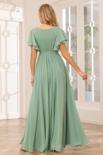 Raseal Flutter Sleeve Chiffon Bridesmaid Dress Long with Pockets V Neck Pleated Formal Dress for Women RS0373