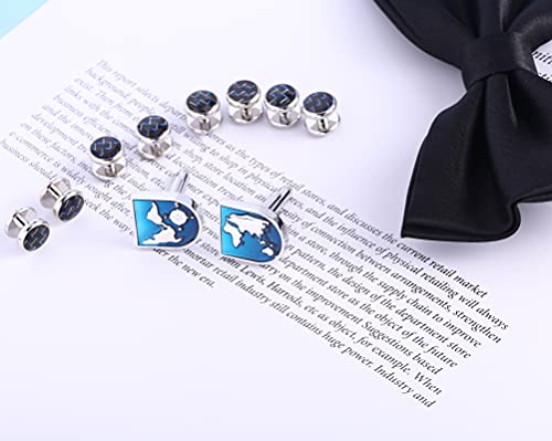 Aienid Jewelry Cufflinks Blue For Men Stainless Steel World Map Cufflinks And Studs Set Silver For Wedding #TOP5