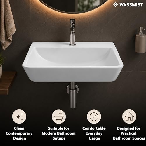Image of WASSMIST Wash Basin | Wall Hung Wash Basin for Bathroom with 10 Year Glaze Warranty | Premium Ceramic Semi Oval Basin with Tap Hole (15.9 X 11.6 X 5 Inch)